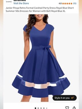 NIP Royal Blue V‑Neck Fit & Flare Dress with Sheer Hem and Tie Belt size XL